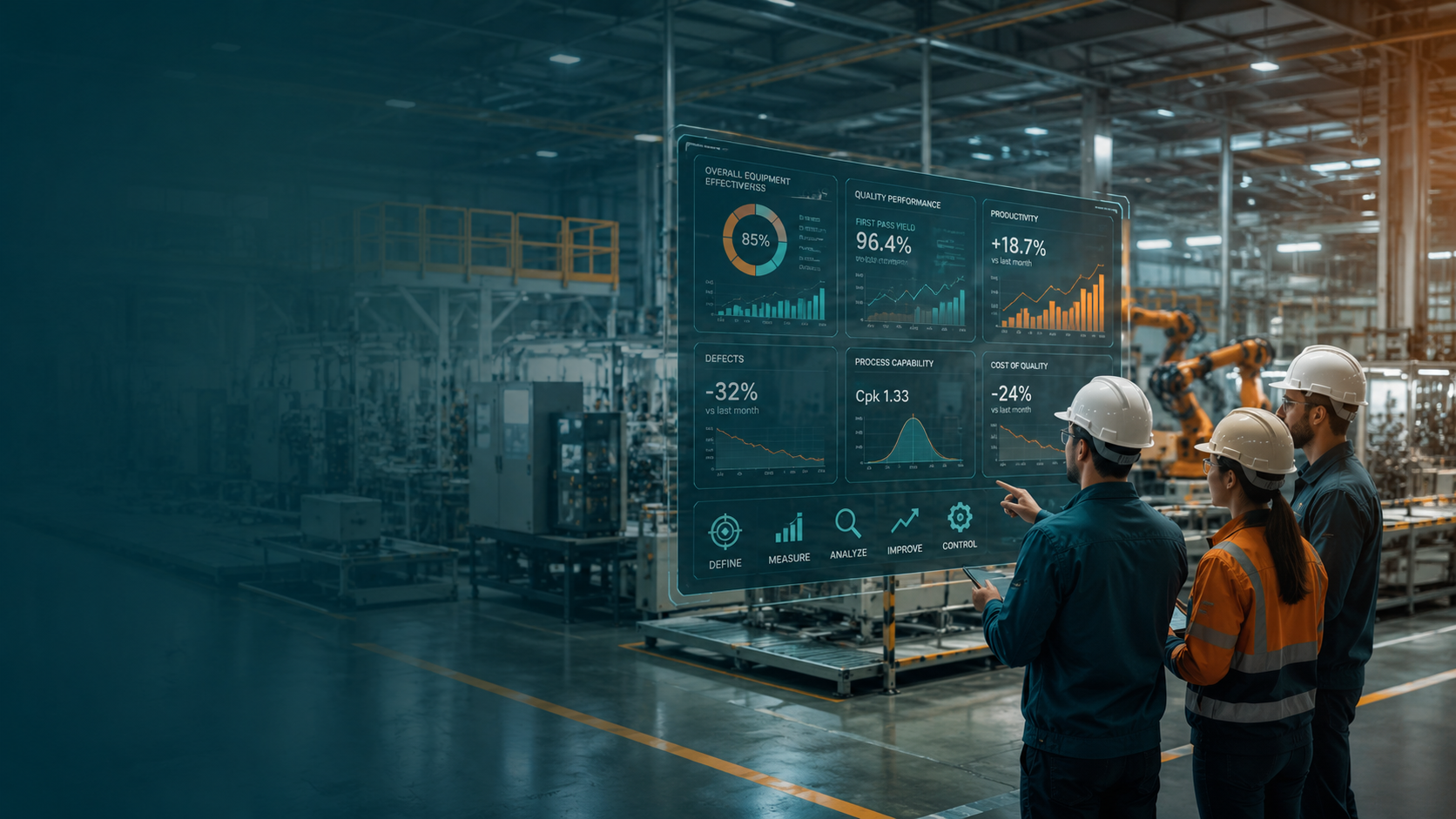 Manufacturing team reviewing Lean Six Sigma performance data to improve quality productivity cost and delivery